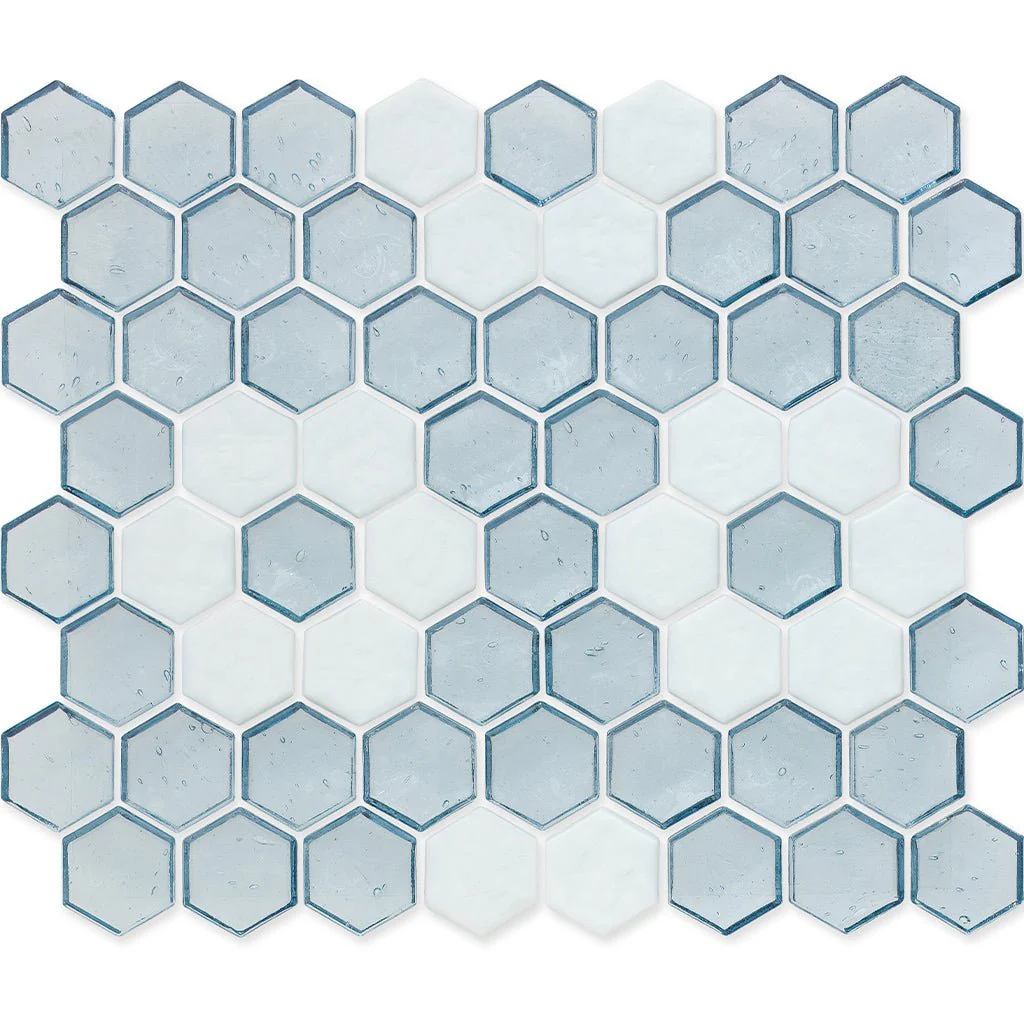 Aquamarine with White Flower, Hex Flower Pattern - Glass Tile