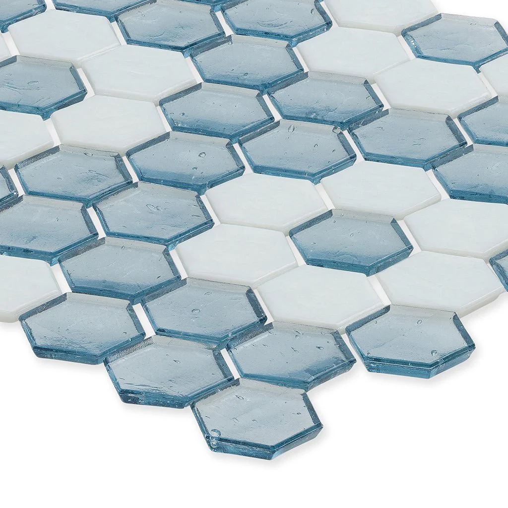 Aquamarine with White Flower, Hex Flower Pattern - Glass Tile - Image 2