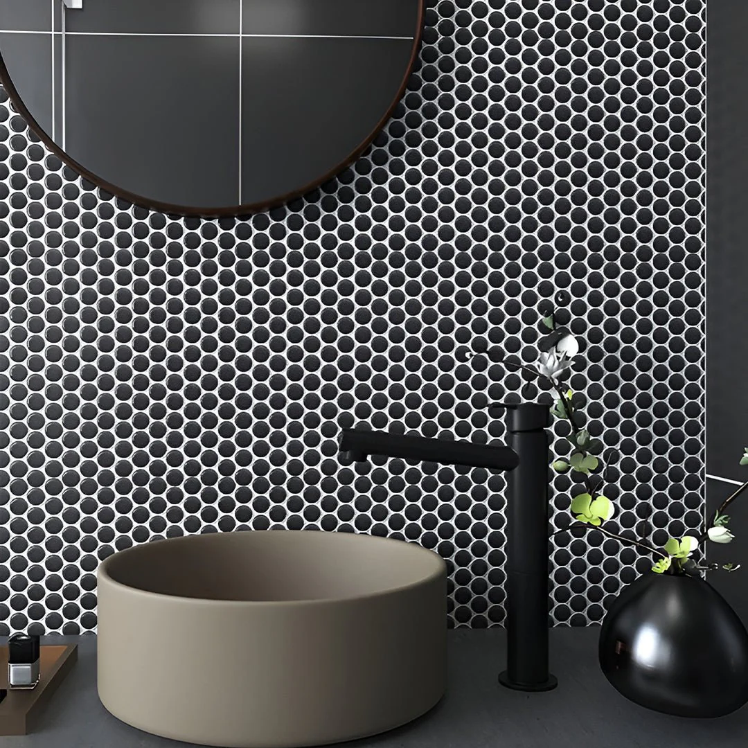 Black Matte, Penny Round Mosaic - Porcelain Tile - Image 2