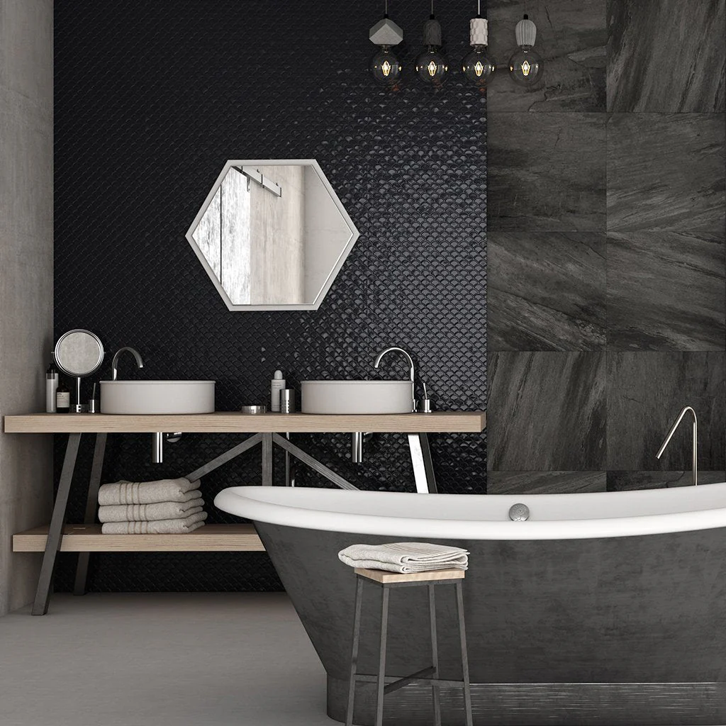 Brushed Black, Fish Scale Mosaic - Glass Tile - Image 3
