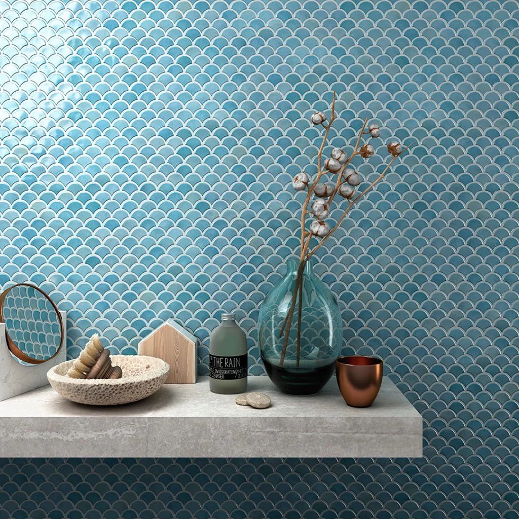 Brushed Turquoise, Fish Scale Mosaic - Glass Tile - Image 6