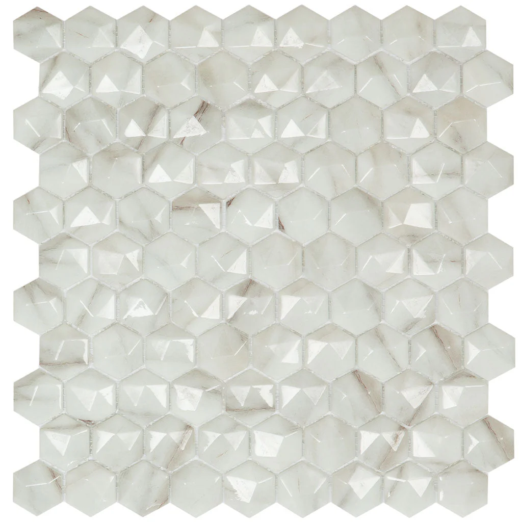 Calacatta Brillo 3D, Hexagon Mosaic - Glass Tile