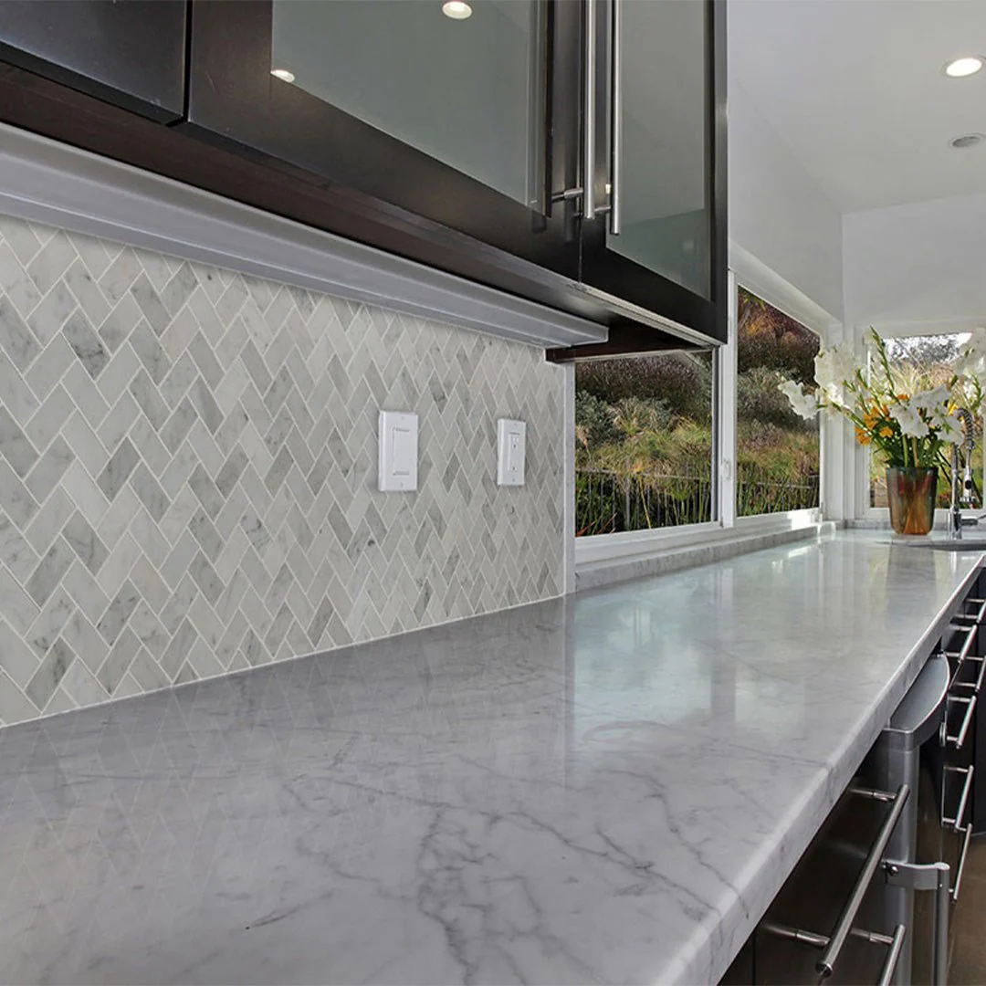 Carrara White 1" x 2" Herringbone - Stone Tile - Image 2