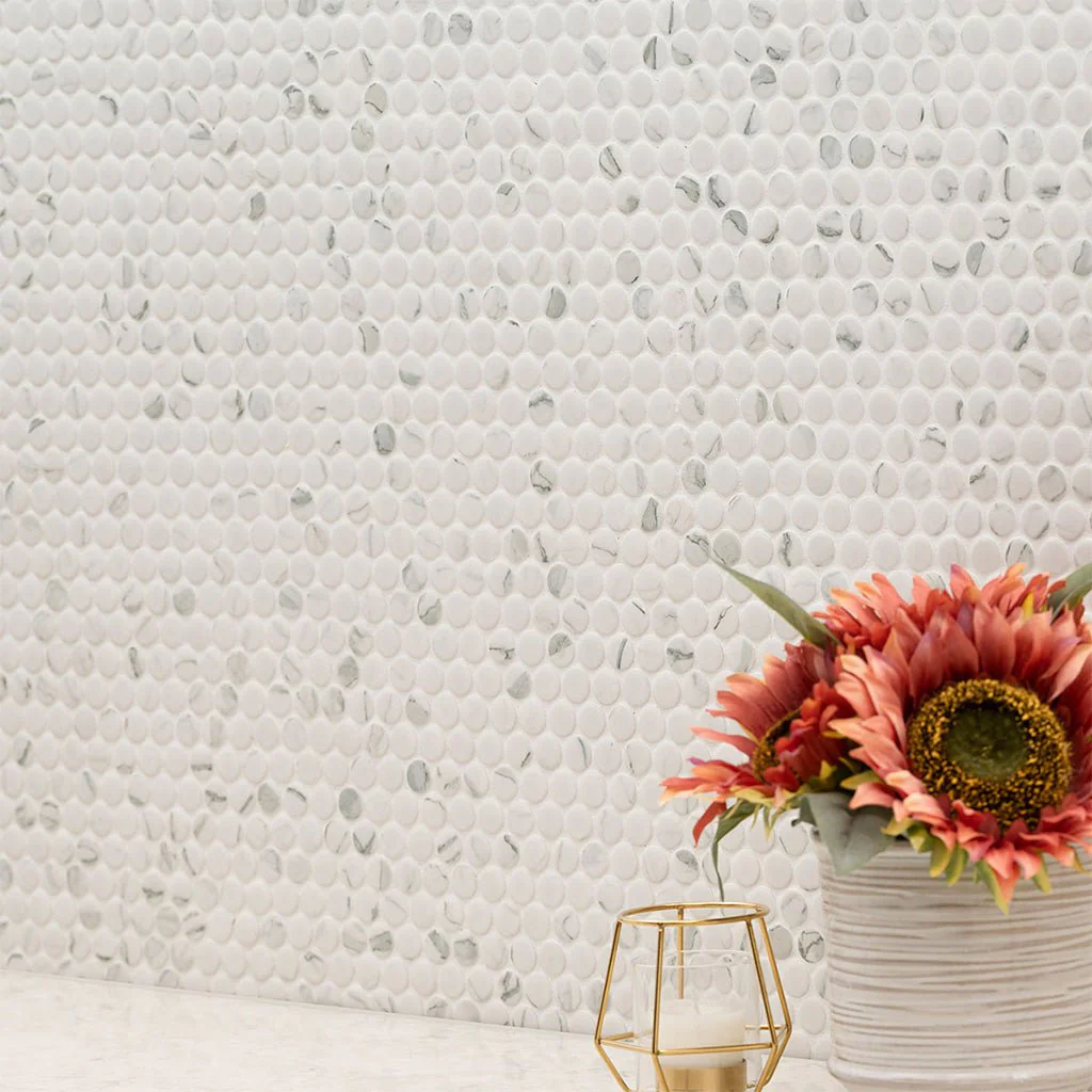 Domino Matte Carrara, Penny Round Mosaic - Porcelain Tile - Image 4