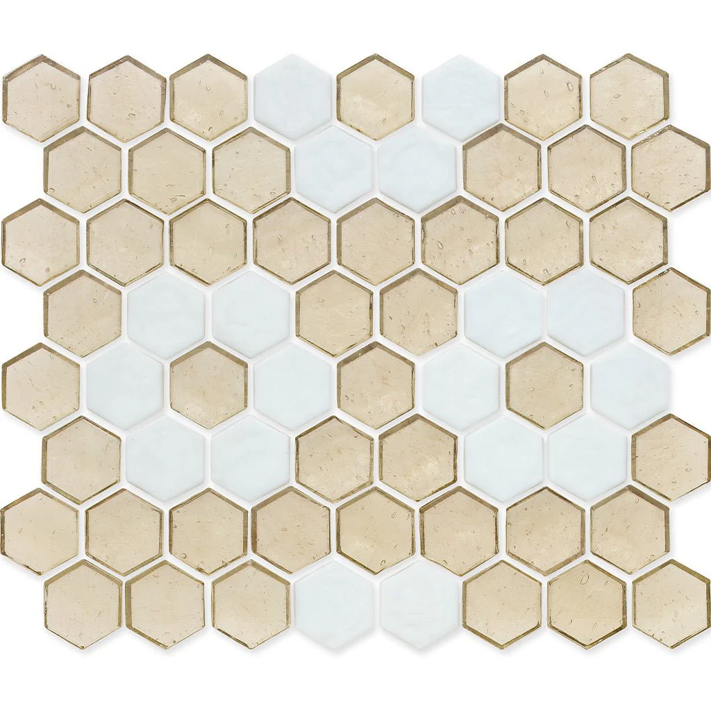Fire Opal with White Flower, Hex Flower Pattern - Glass Tile