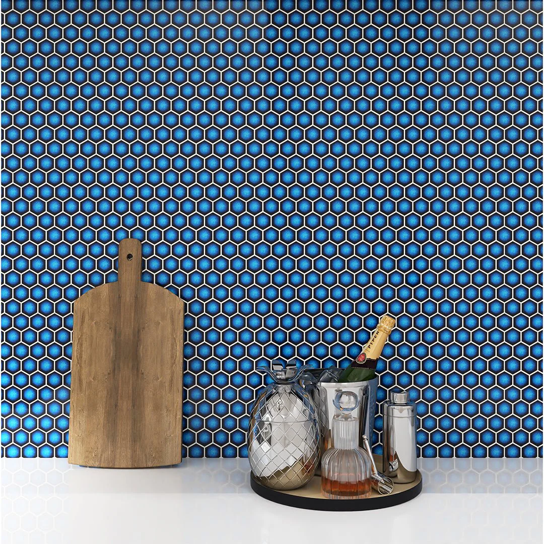 Hex Crystal Blue, Hexagon Mosaic - Porcelain Tile - Image 2
