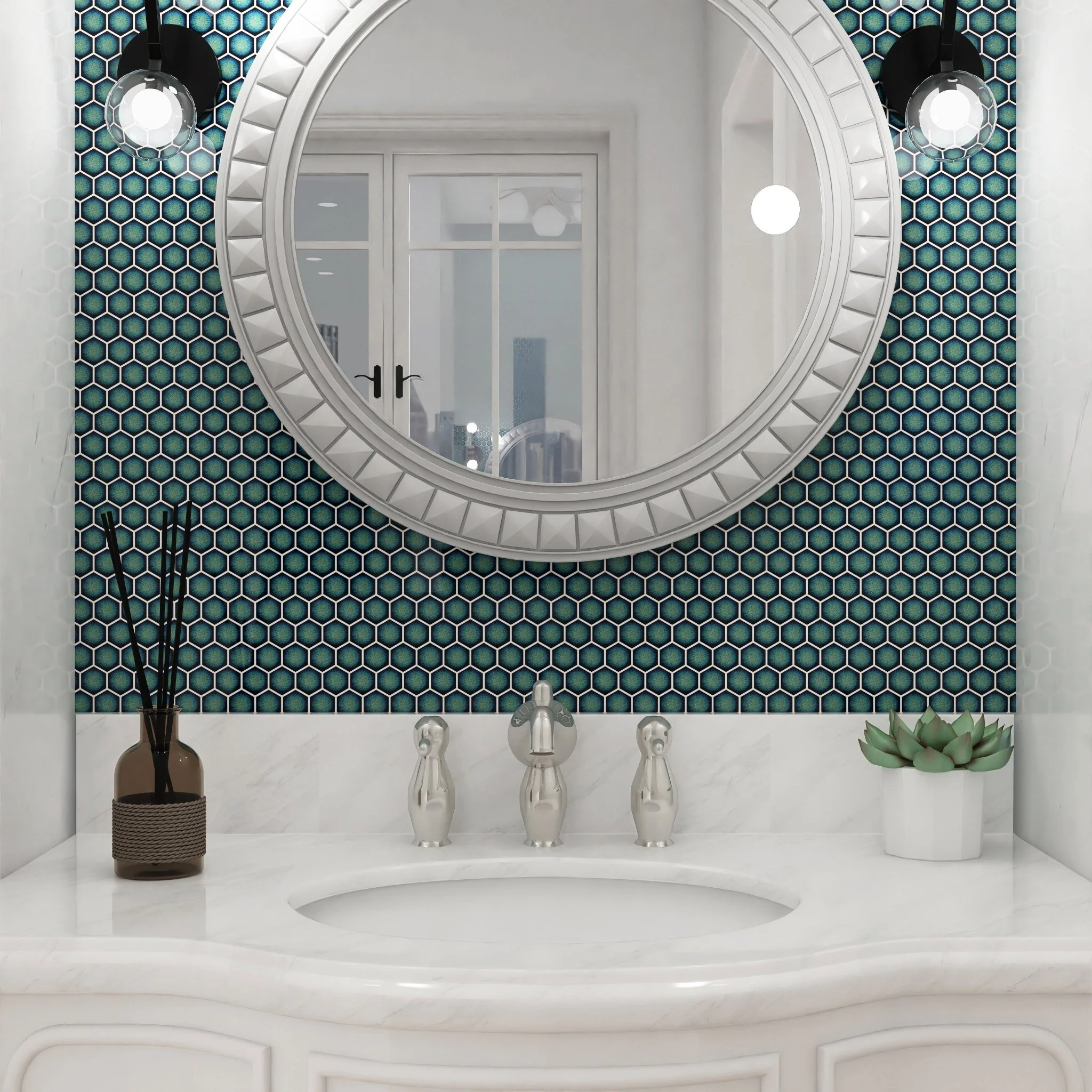 Hex Crystal Green, Hexagon Mosaic - Porcelain Tile - Image 2