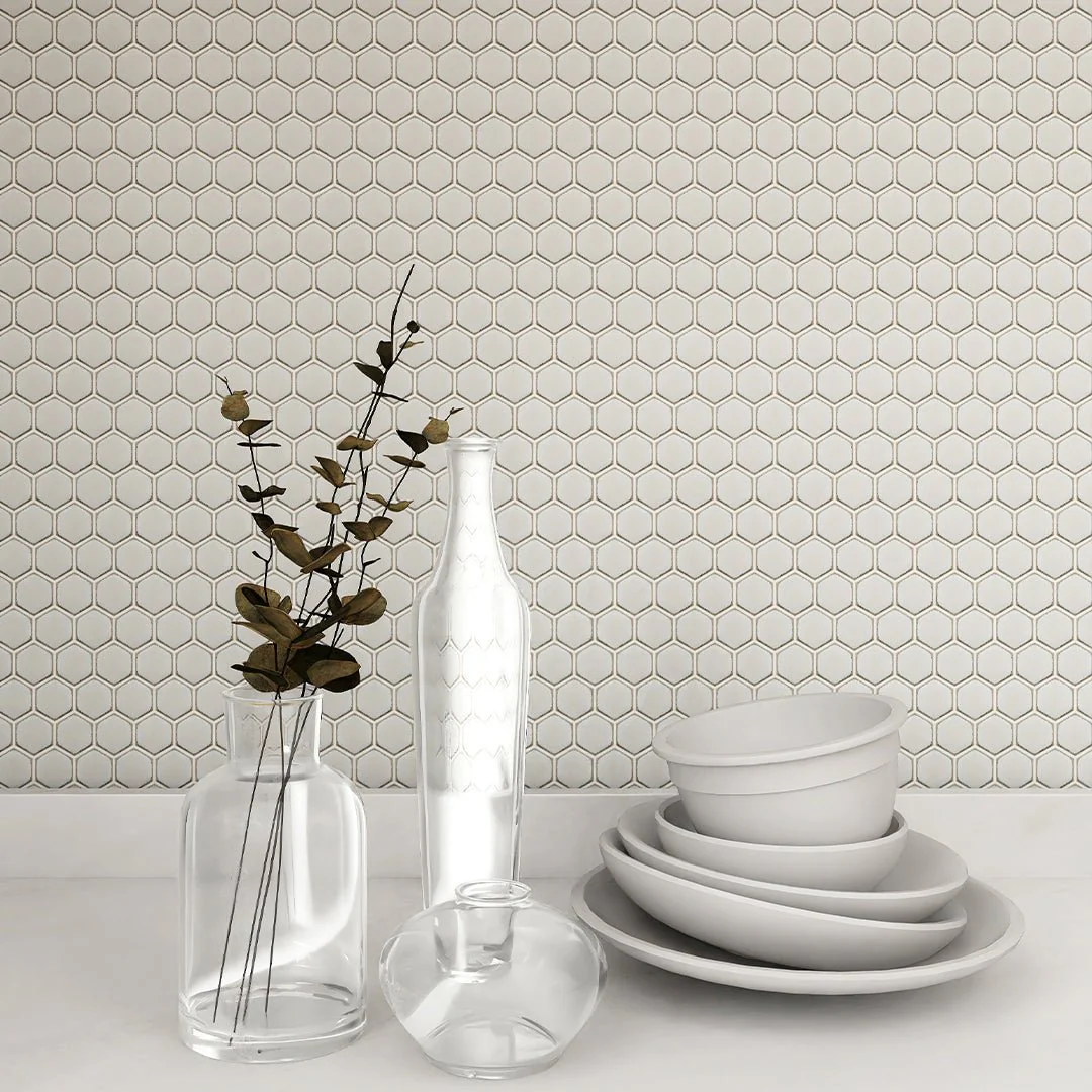 Hex Crystal White, Hexagon Mosaic - Porcelain Tile - Image 2