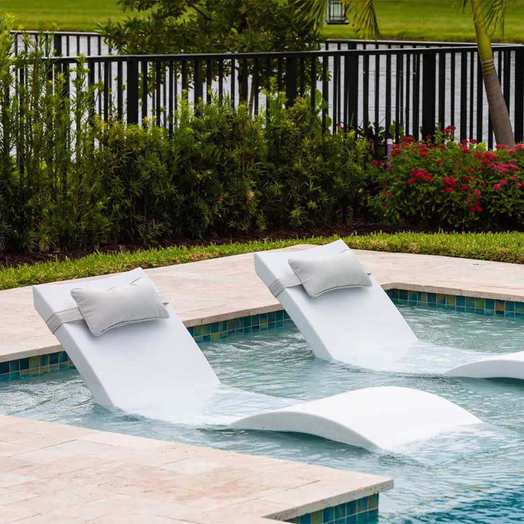 Ledge Lounger Outdoor Escape Bundle - In-Pool & Patio Furniture (2 Signature Chaise Loungers & 2 Headrest Pillows) - Image 5
