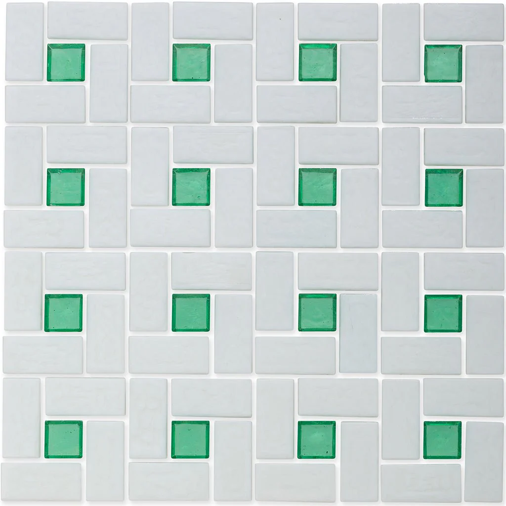 Malachite 1"x 1" and White 1" x 2", Pinwheel Pattern - Glass Tile