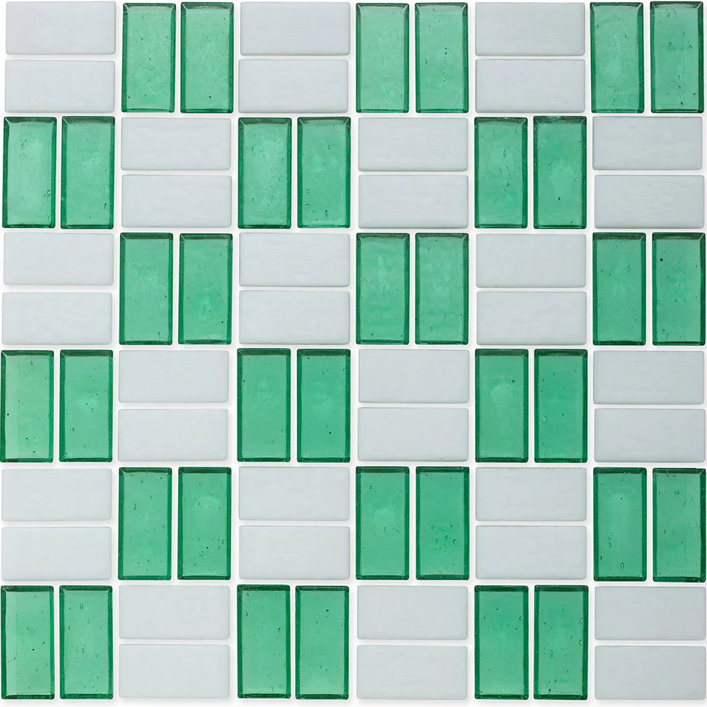 Malachite and White, 1" x 2" Basket Weave Alternating Pattern - Glass Tile