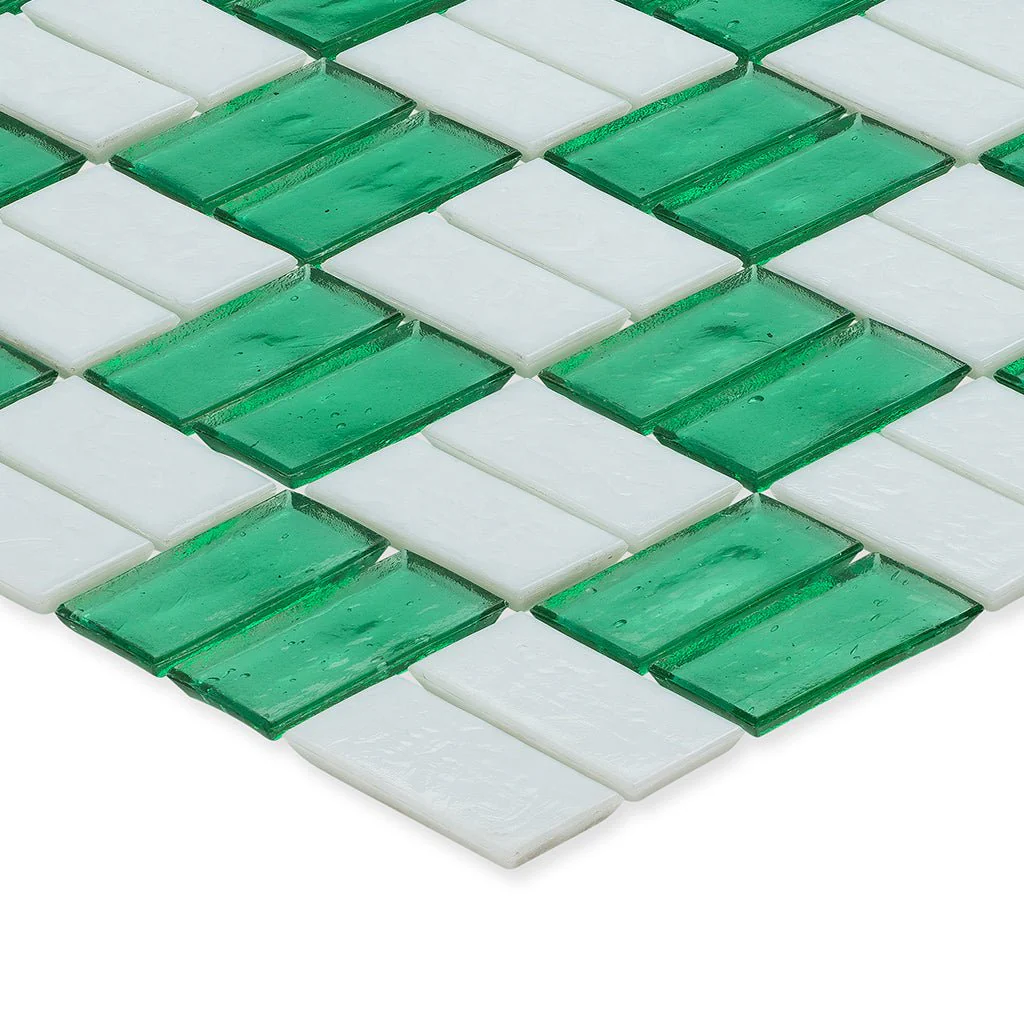 Malachite and White, 1" x 2" Basket Weave Alternating Pattern - Glass Tile - Image 2