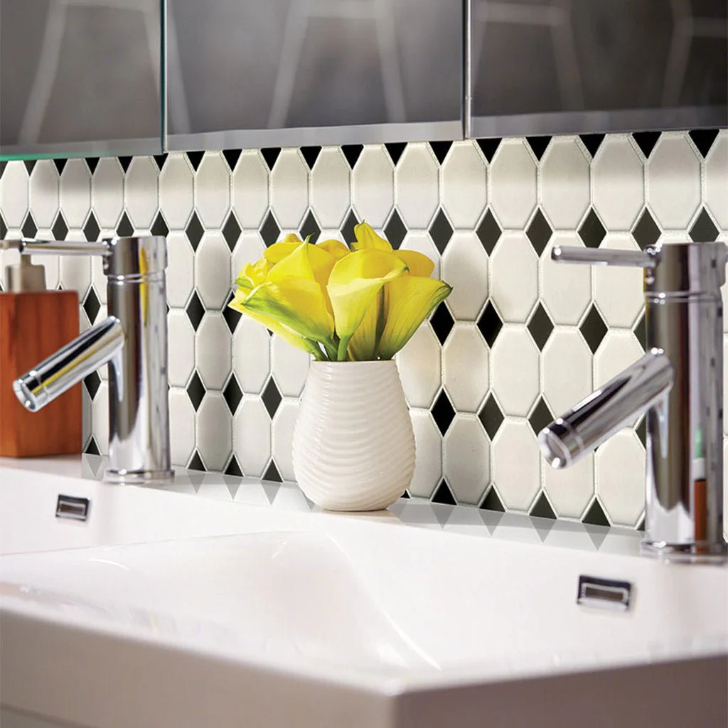 Matte White and Black, Octagon Mosaic - Porcelain Tile - Image 3