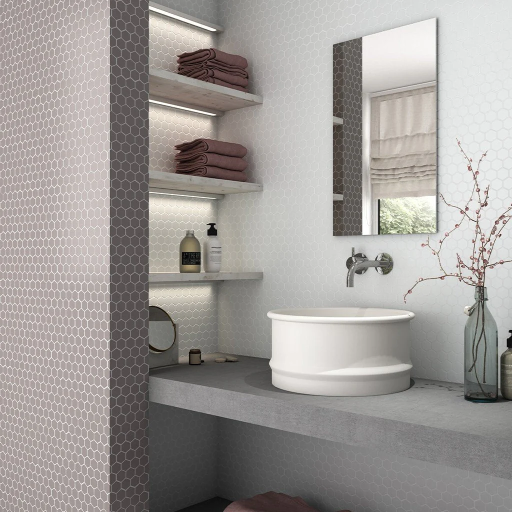 Matte White, Flat Hexagon Mosaic - Glass Tile - Image 3