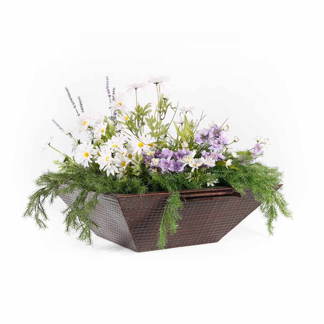Maya Square Planter & Water Bowl, Hammered Copper - Water Feature