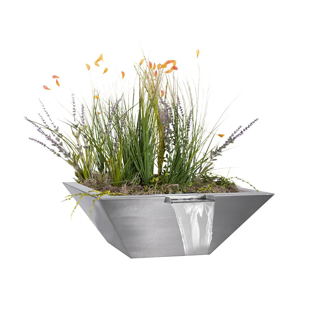 Maya Square Planter & Water Bowl, Stainless Steel - Water Feature