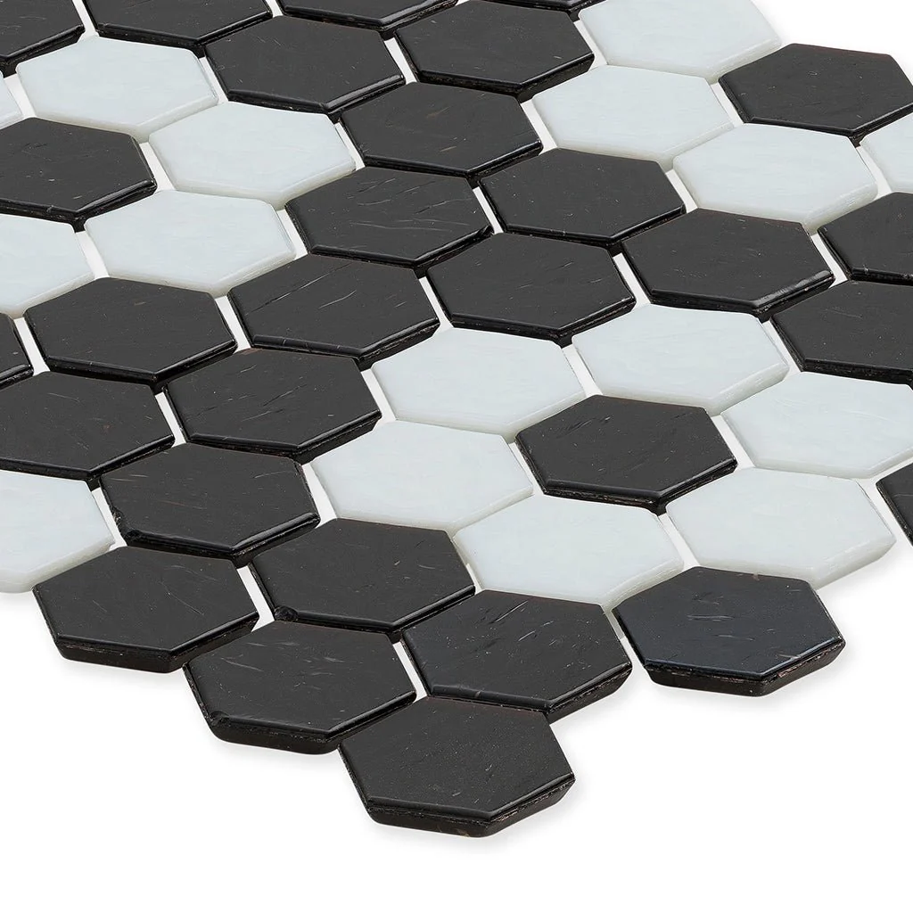 Onyx with White Flower, Hex Flower Pattern - Glass Tile - Image 2