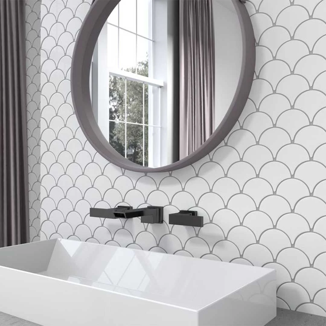 Porcelart White Glossy, Fish Scale Mosaic - Porcelain Tile - Image 2