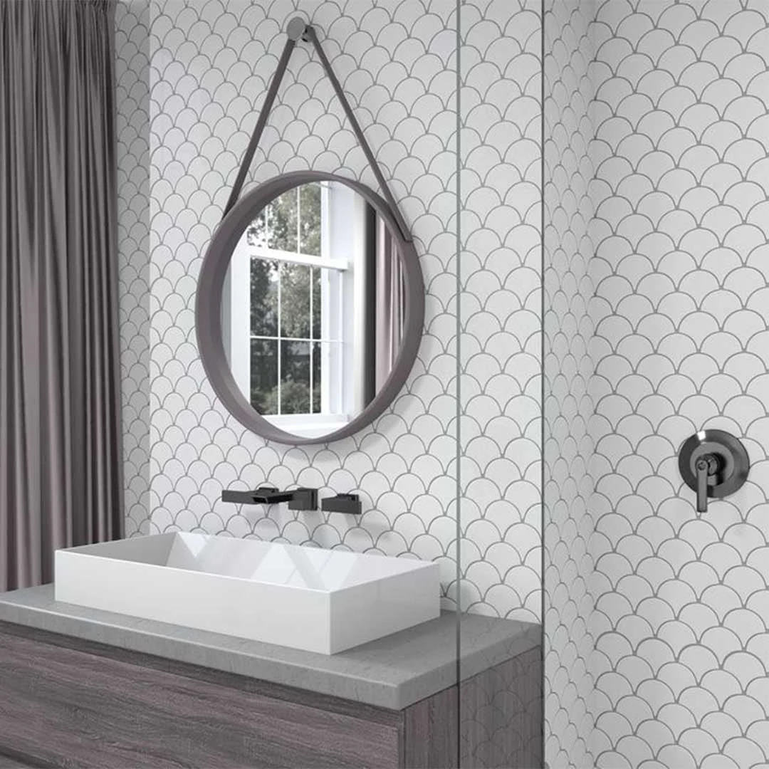 Porcelart White Glossy, Fish Scale Mosaic - Porcelain Tile - Image 3
