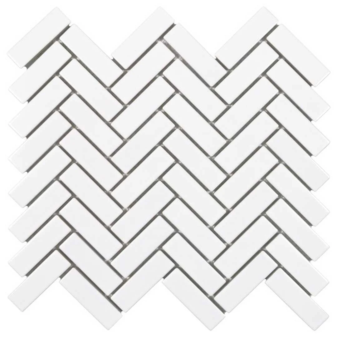 Porcelart White Glossy, Herringbone Mosaic - Porcelain Tile