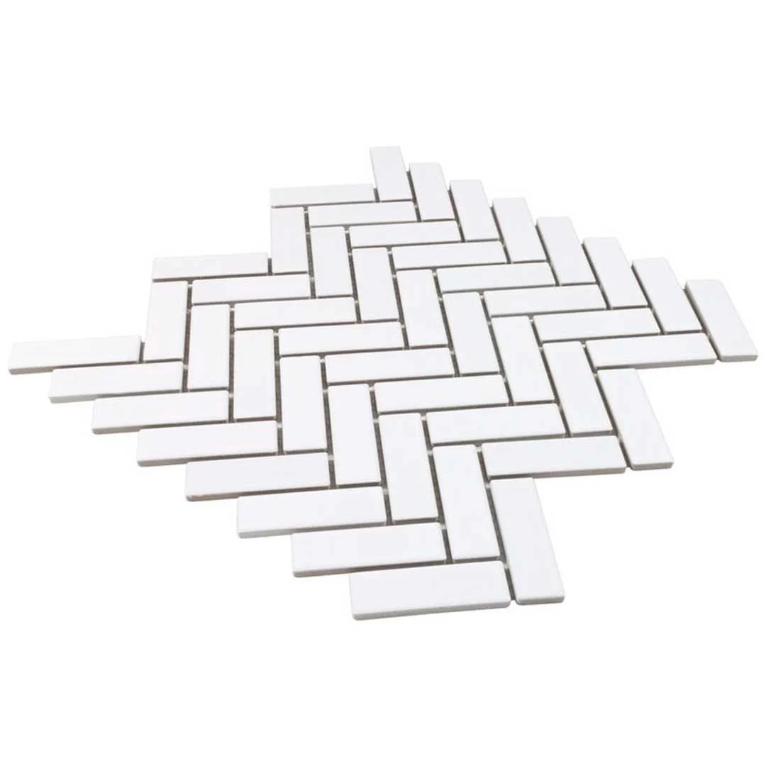 Porcelart White Glossy, Herringbone Mosaic - Porcelain Tile - Image 3
