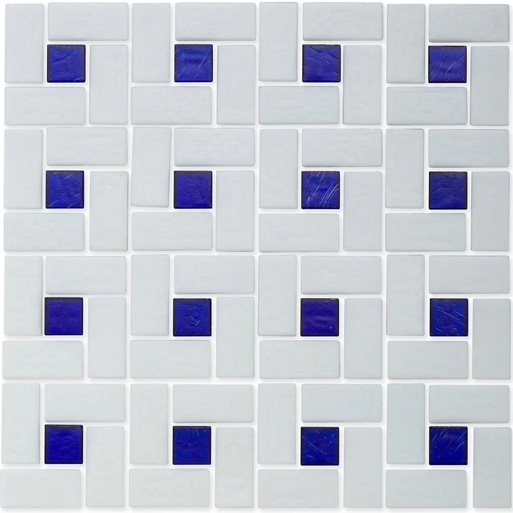 Sapphire 1" x 1" and White 1" x 2", Pinwheel Pattern - Glass Tile