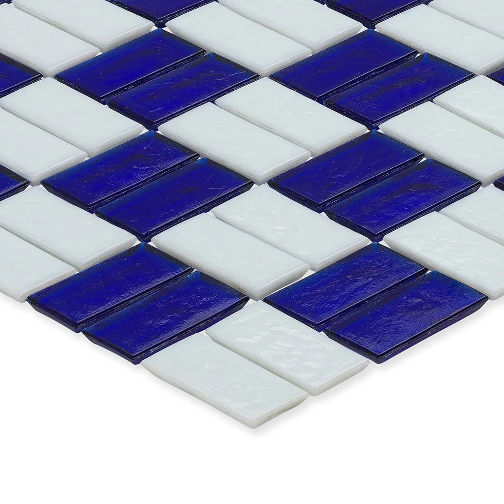 Sapphire and White, 1" x 2" Basket Weave Alternating Pattern - Glass Tile - Image 2