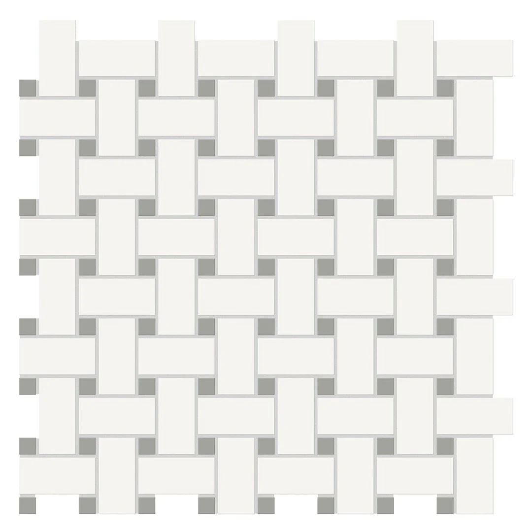 Soho Canvas White w/ Cement Chic Dot, Basketweave Mosaic - Ceramic Tile