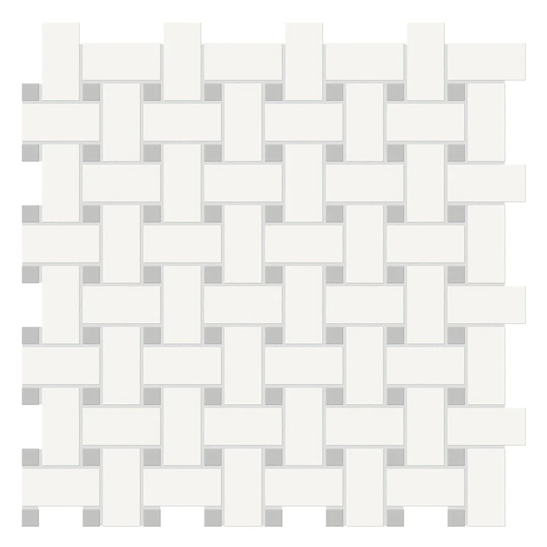 Soho Canvas White w/ Loft Grey Dot, Basketweave Mosaic - Ceramic Tile