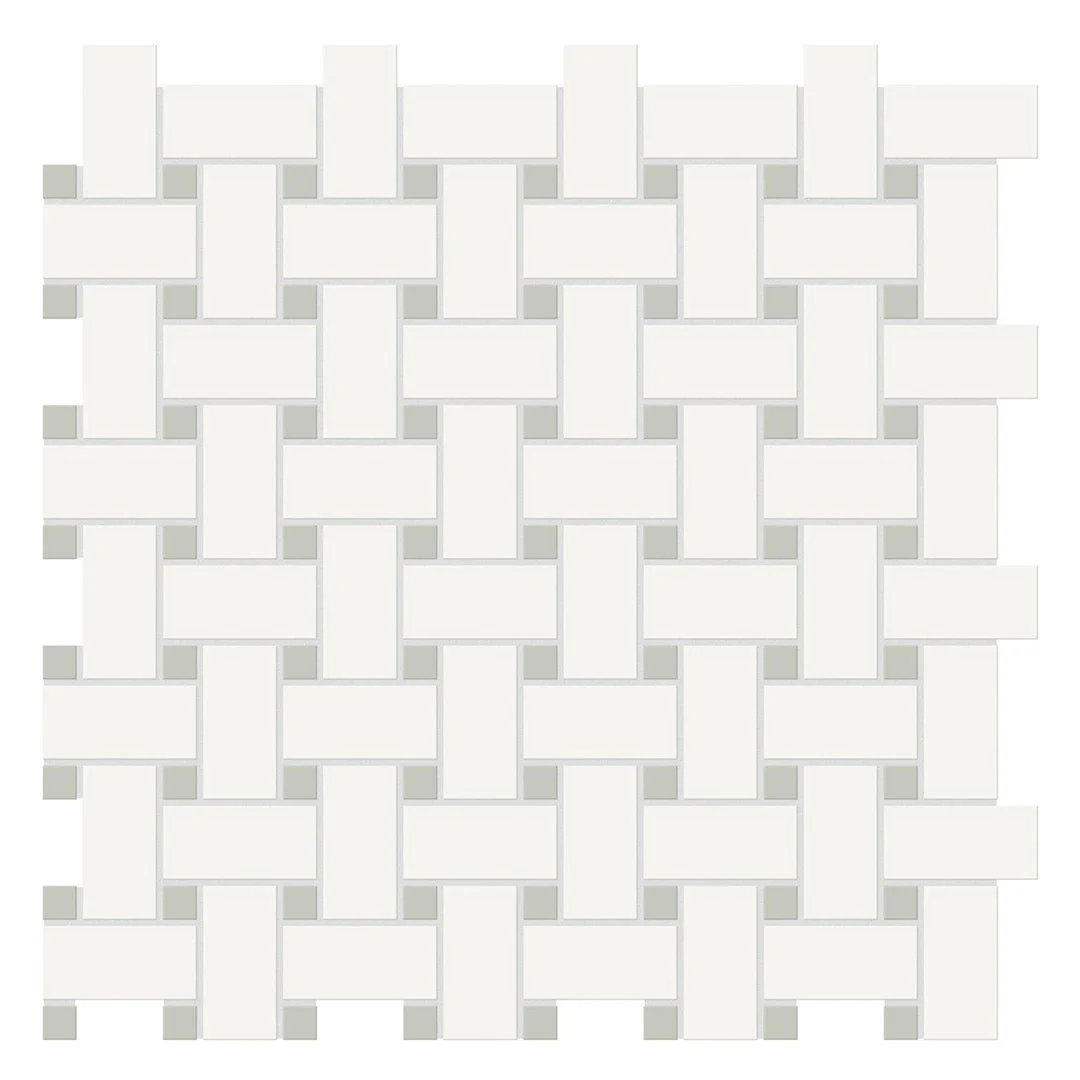 Soho Canvas White w/ Soft Sage Dot, Basketweave Mosaic - Ceramic Tile