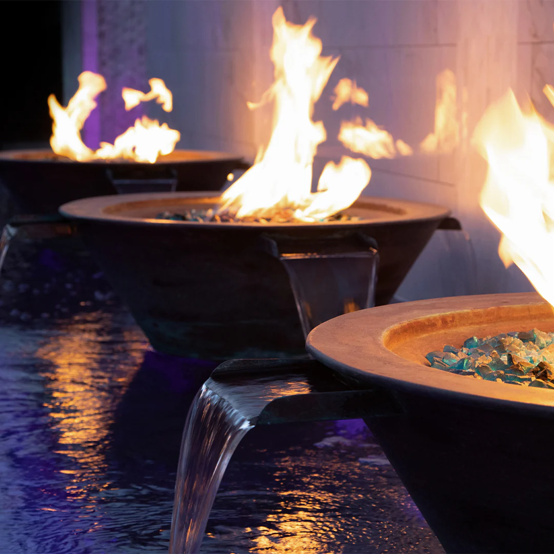 Cazo Round Hammered Copper Fire and Water Bowl, 4 Way Spill - Pool Feature - Image 3