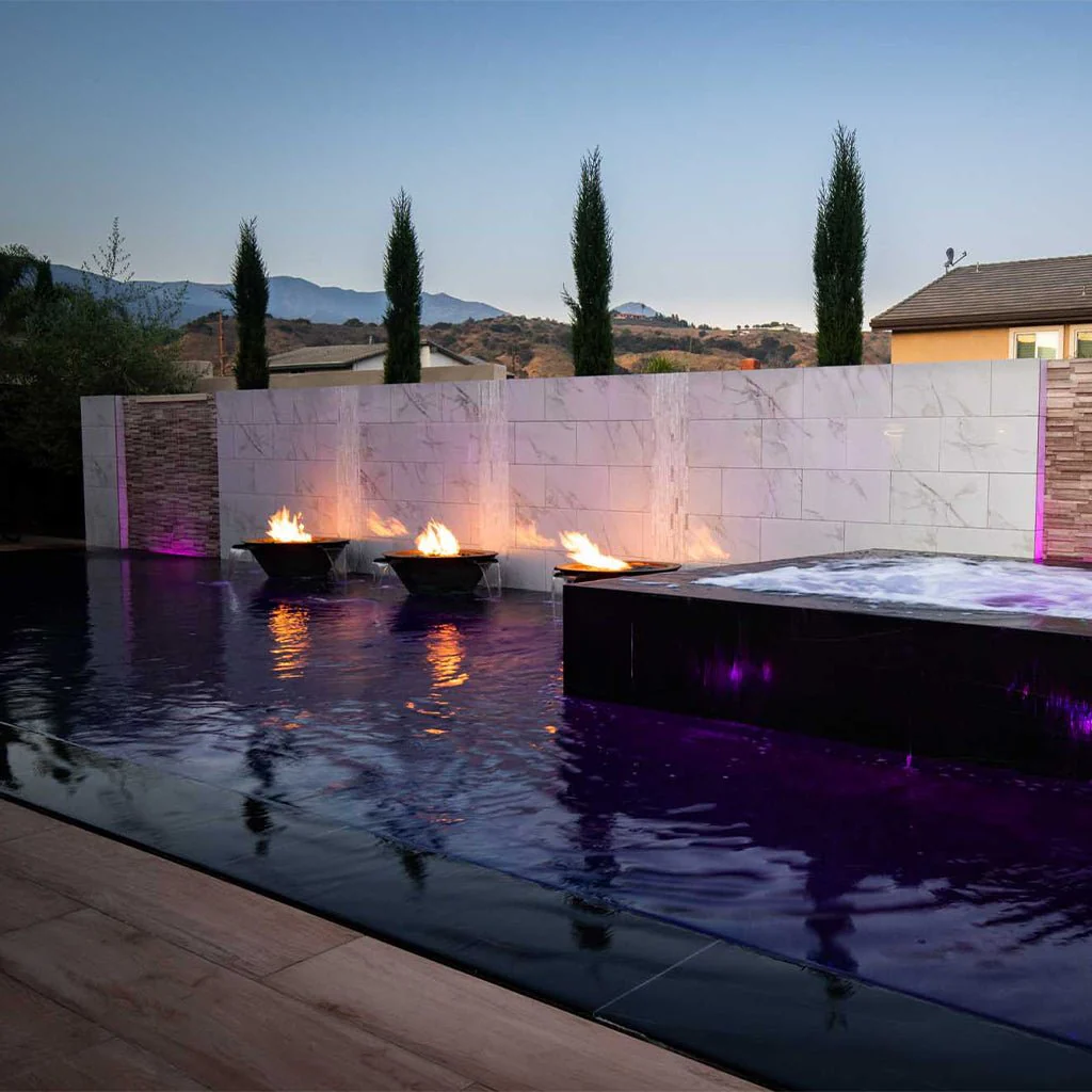 Cazo Round Hammered Copper Fire and Water Bowl, 4 Way Spill - Pool Feature - Image 5