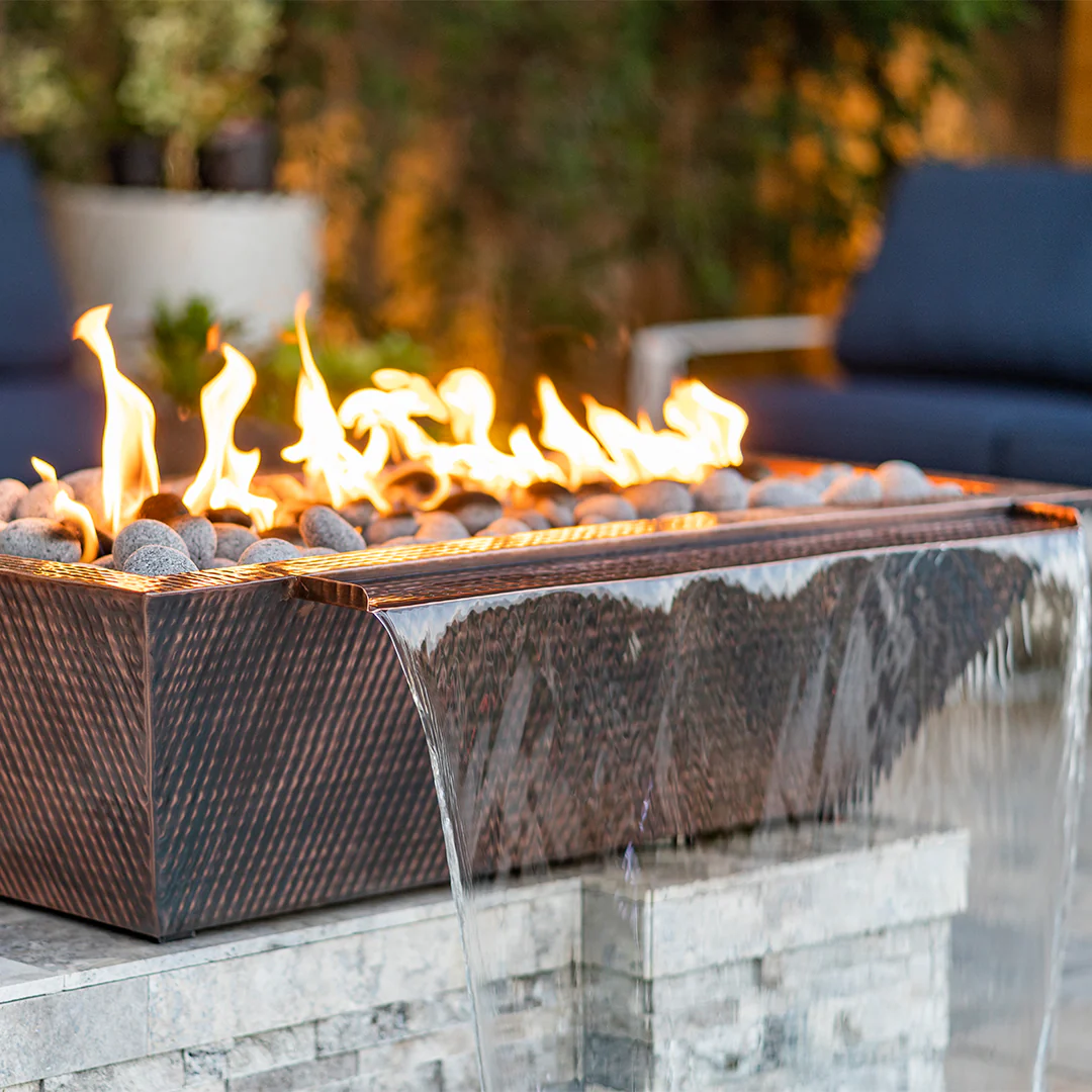 Maya Linear Fire and Water Bowl, Hammered Copper - Pool Feature - Image 2