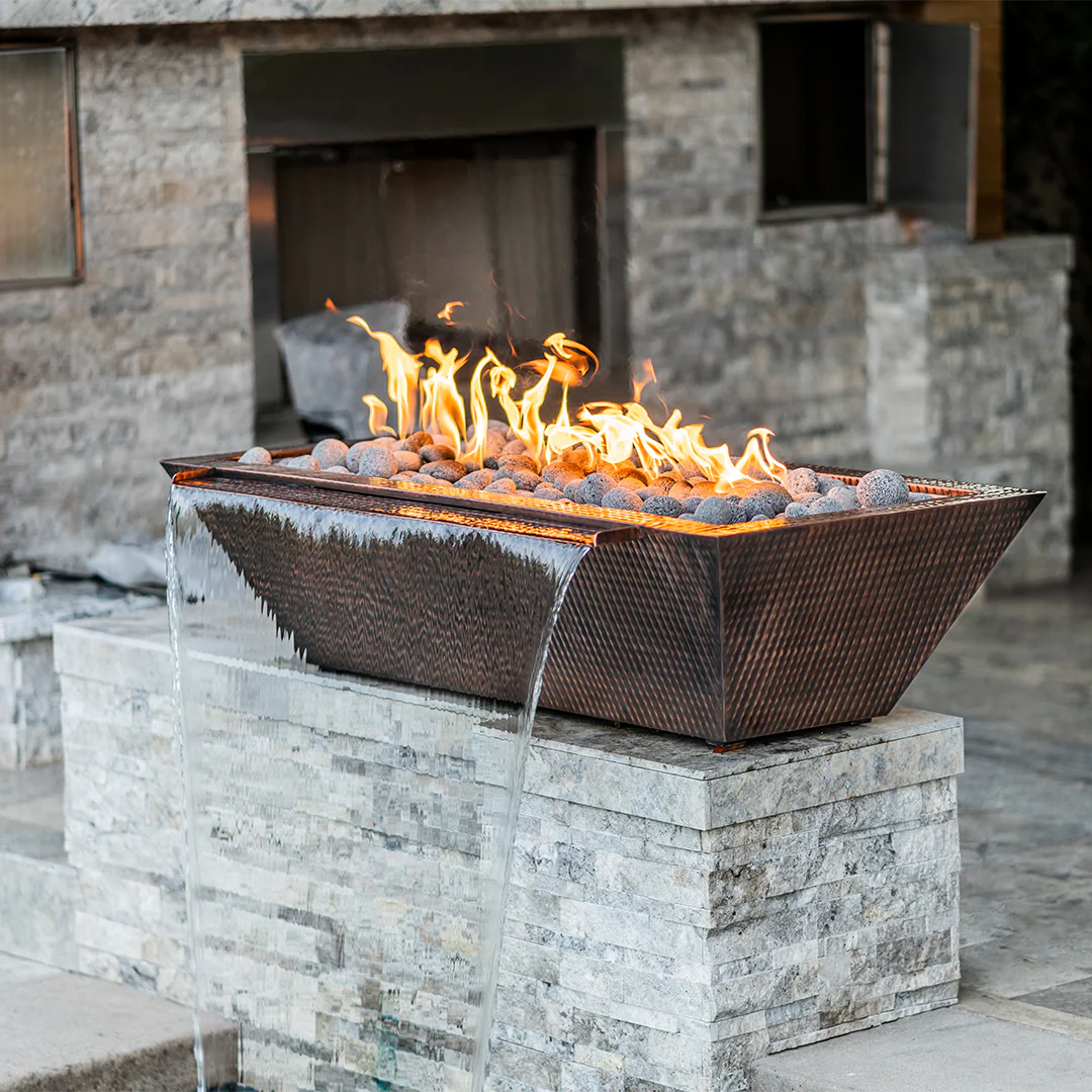 Maya Linear Fire and Water Bowl, Hammered Copper - Pool Feature - Image 3