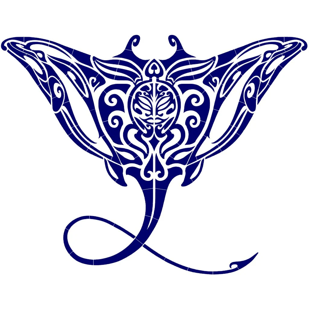 Tribal Manta Ray Mosaic, Blue - Pool Mosaic