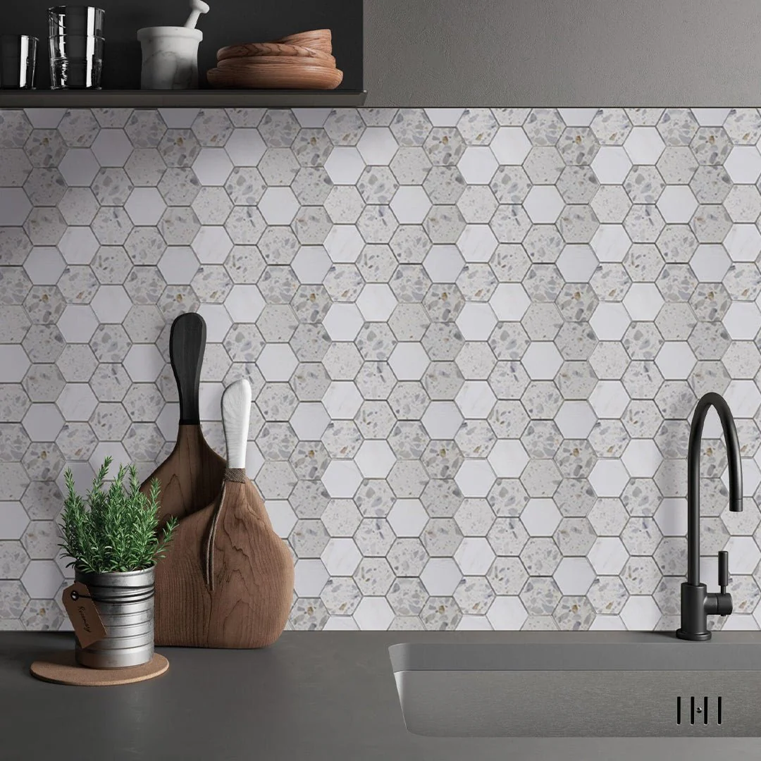 Venice Blue Hexagon Dolomite Terrazzo - Stone Tile - Image 2