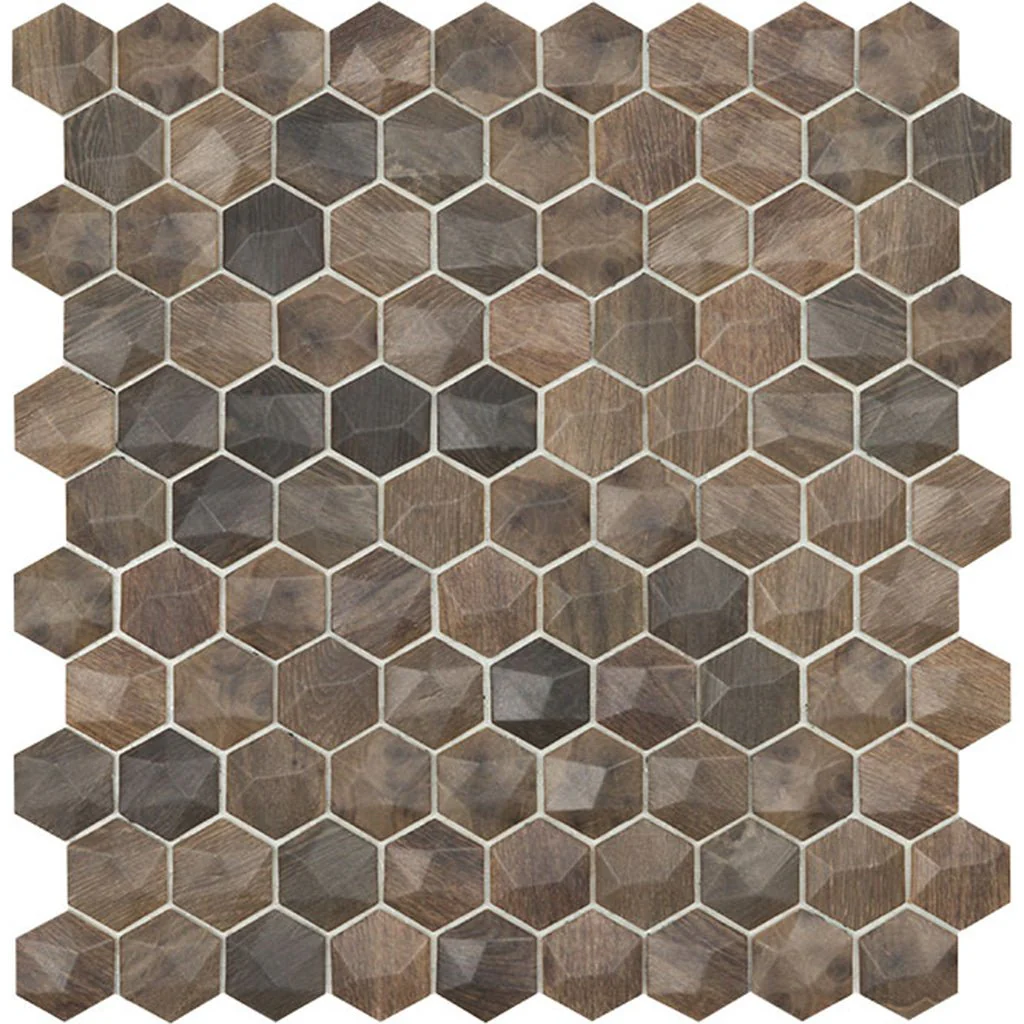 Royal Dark Wood Mix 3D, Hexagon Mosaic - Glass Tile