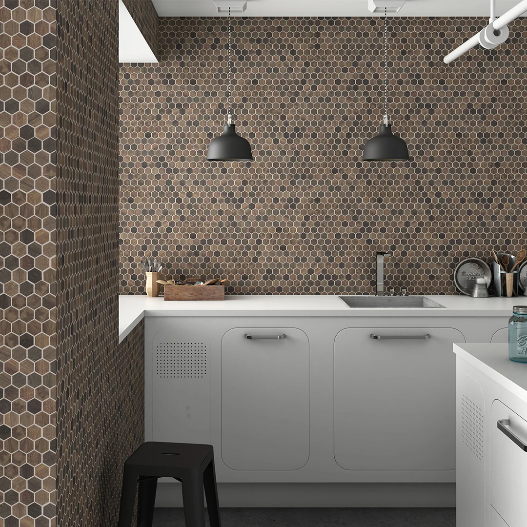 Royal Dark Wood Mix Slip Resistant, Hexagon Mosaic - Glass Tile - Image 3
