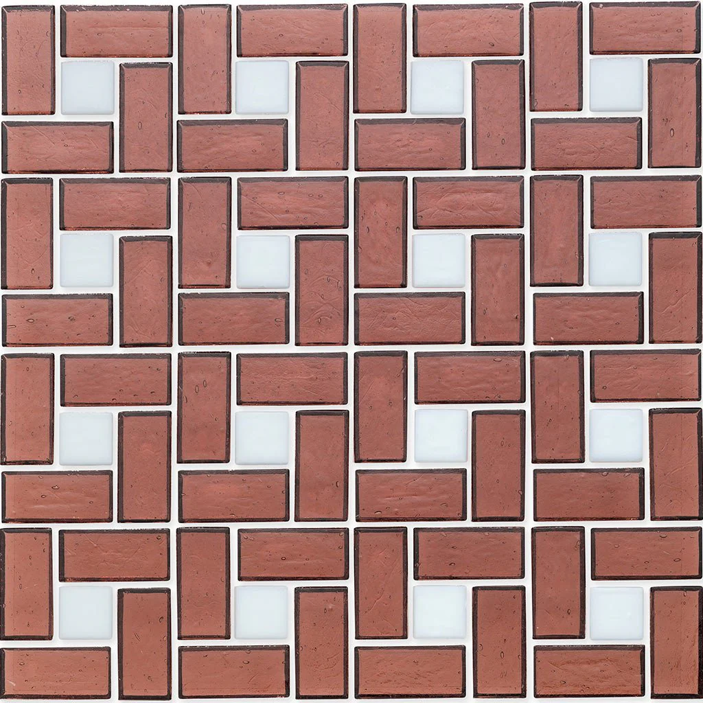 White 1" x 1" and Garnet 1" x 2", Pinwheel Pattern - Glass Tile