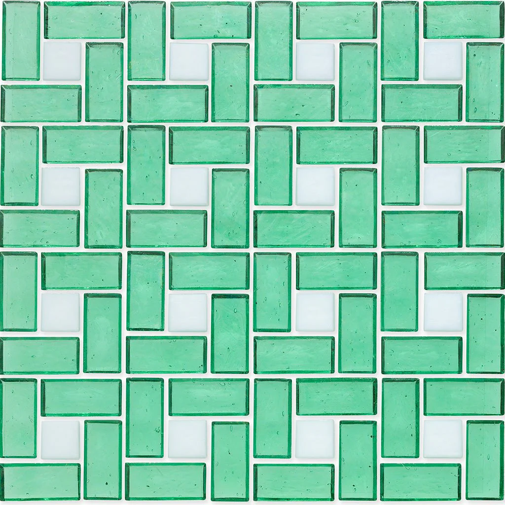 White 1" x 1" and Malachite 1" x 2", Pinwheel Pattern - Glass Tile
