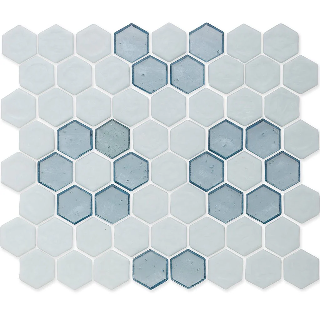 White with Aquamarine Flower, Hex Flower Pattern - Glass Tile