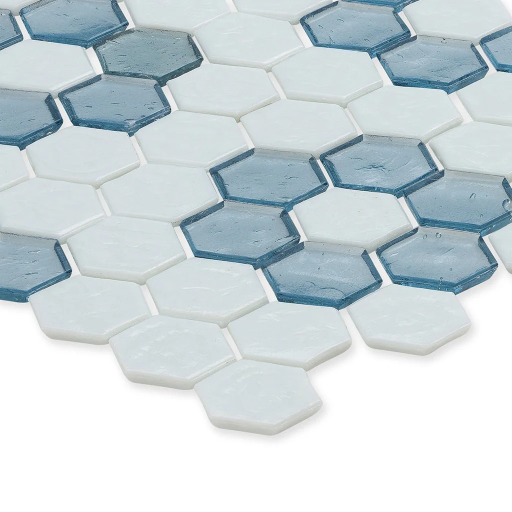 White with Aquamarine Flower, Hex Flower Pattern - Glass Tile - Image 2