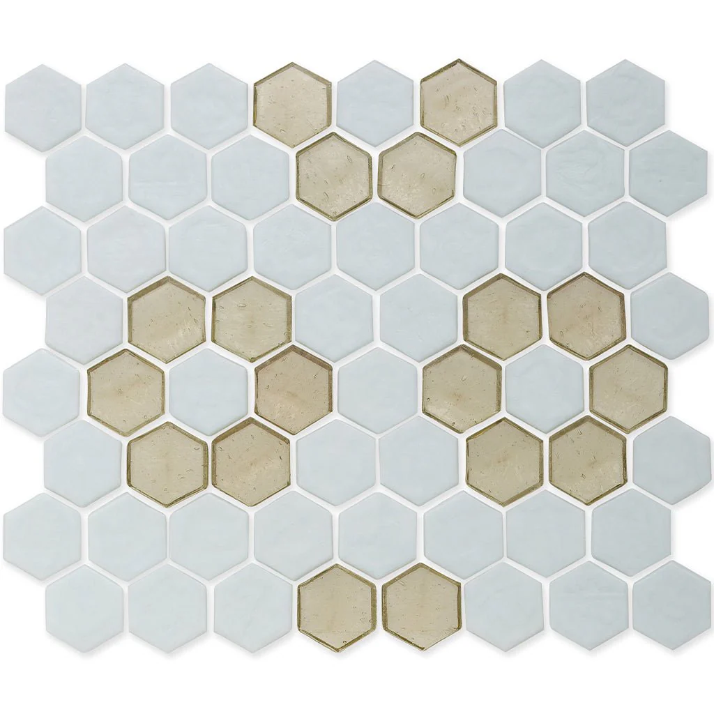 White with Fire Opal Flower, Hex Flower Pattern - Glass Tile