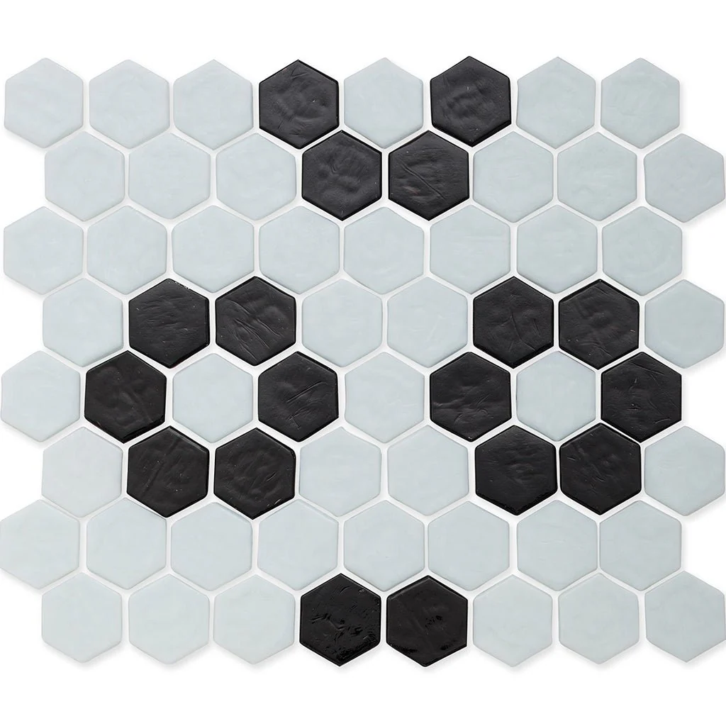 White with Onyx Flower, Hex Flower Pattern - Glass Tile