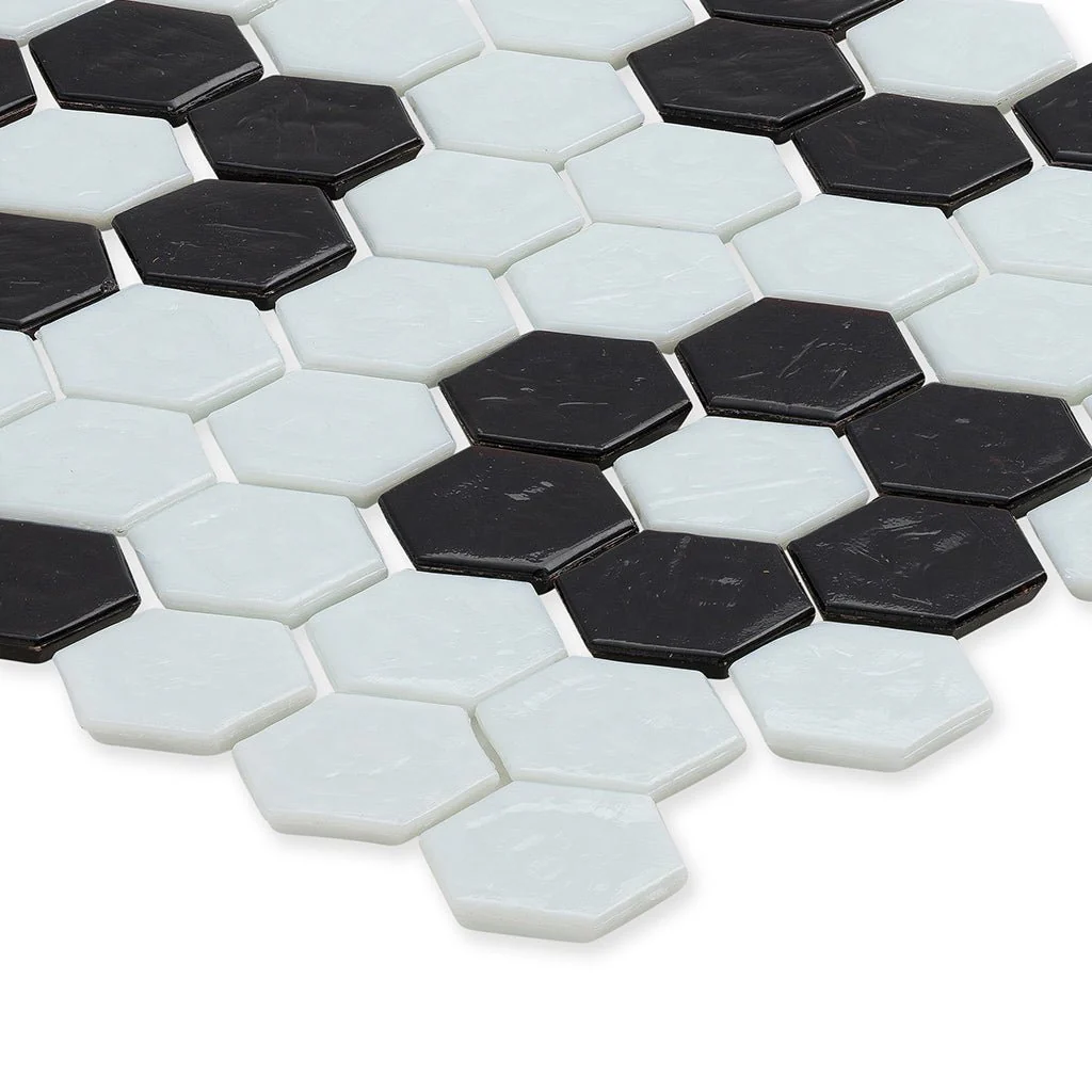 White with Onyx Flower, Hex Flower Pattern - Glass Tile - Image 2